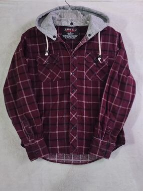 Men's Burgundy Plaid Button-Down Shirt with Removable Gray Hood